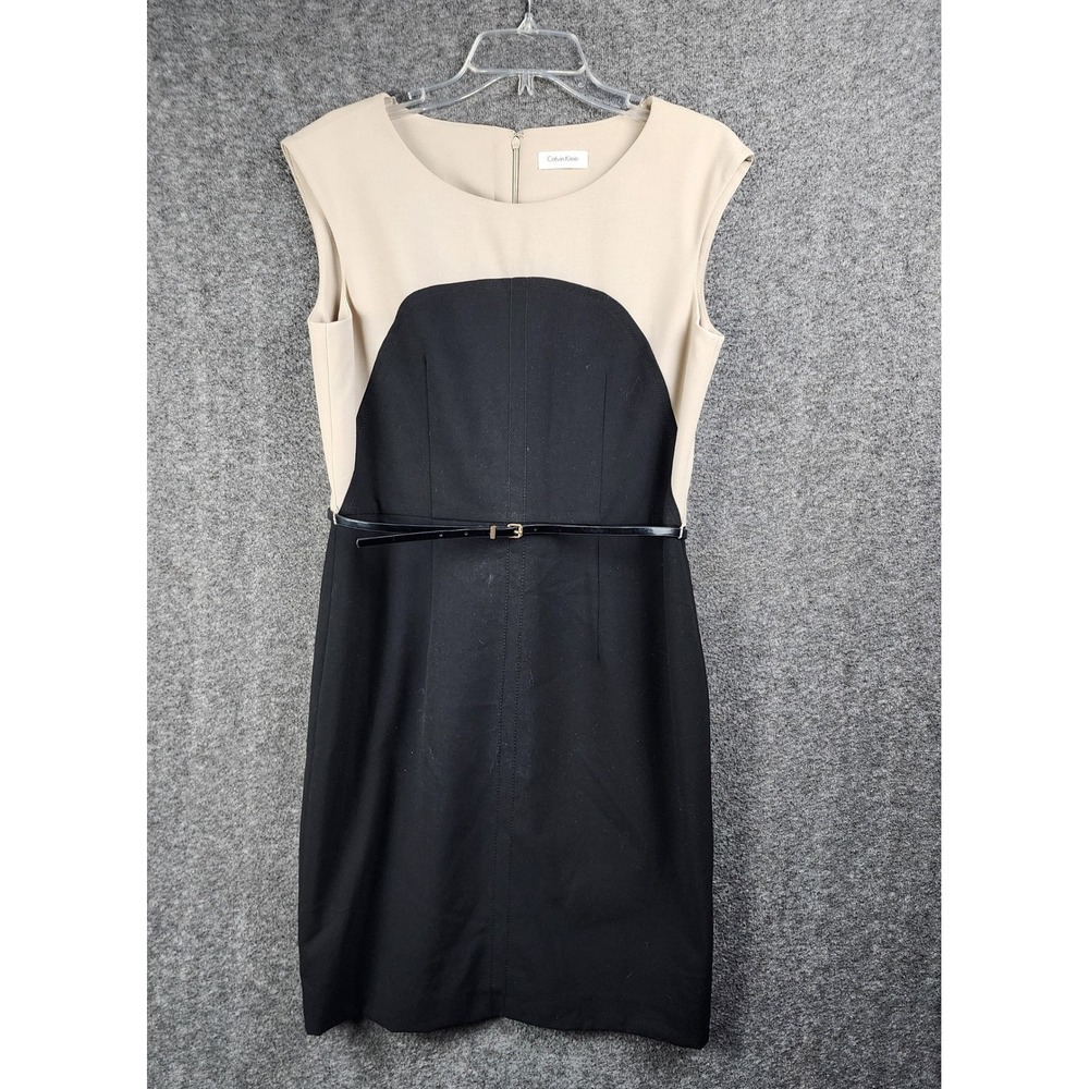 Calvin Klein Dress Womens 8 Sheath Tan Black Belted Colorblock EUC